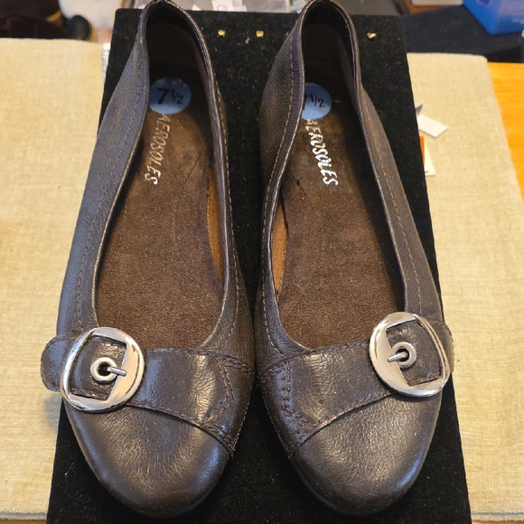 Aerosoles Shoes - Brown Leather Flats with Buckle